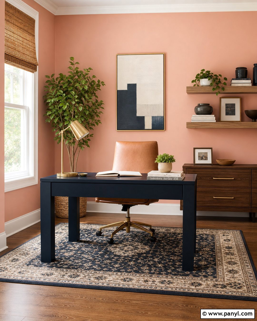 Faint Coral Home Office With Navy Desk - 20 Sherwin Williams Faint Coral Walls