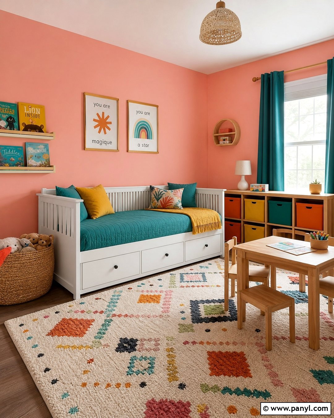 Faint Coral Kids Room With Colorful Storage - 20 Sherwin Williams Faint Coral Walls