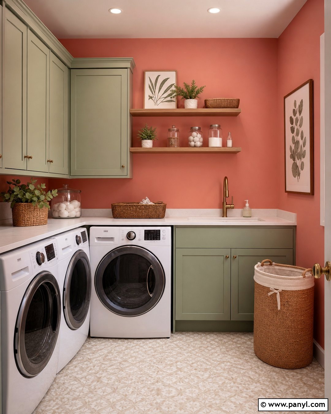 Faint Coral Laundry Room With Green Cabinets - 20 Sherwin Williams Faint Coral Walls
