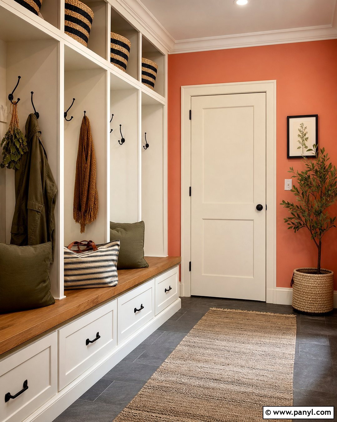 Faint Coral Mudroom With Wood Bench - 20 Sherwin Williams Faint Coral Walls