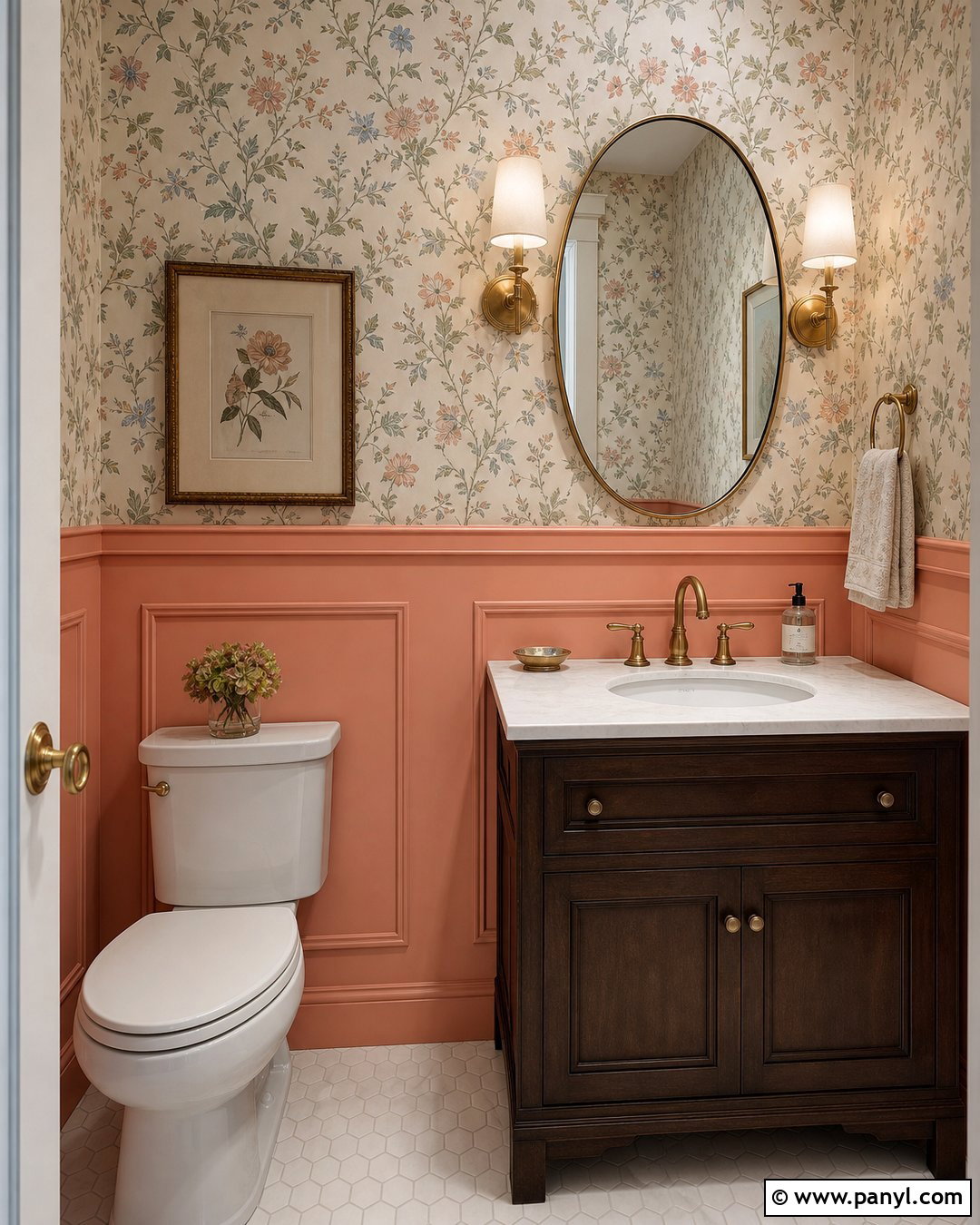 Faint Coral Powder Room With Floral Wallpaper - 20 Sherwin Williams Faint Coral Walls