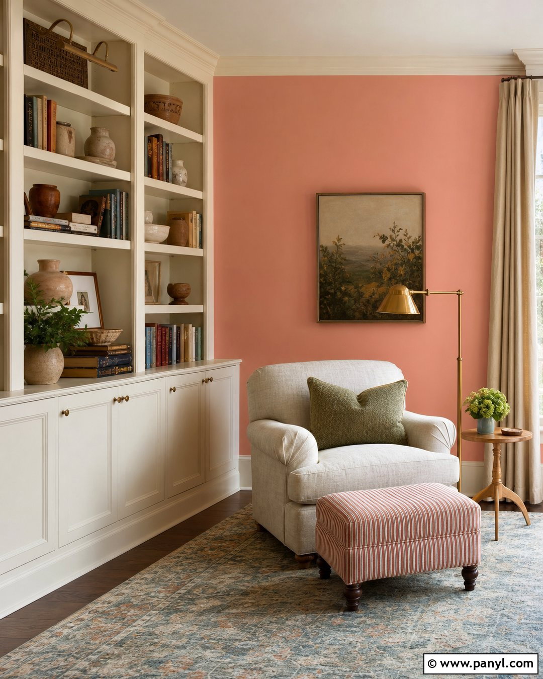 Faint Coral Reading Nook With Built-In Shelves - 20 Sherwin Williams Faint Coral Walls