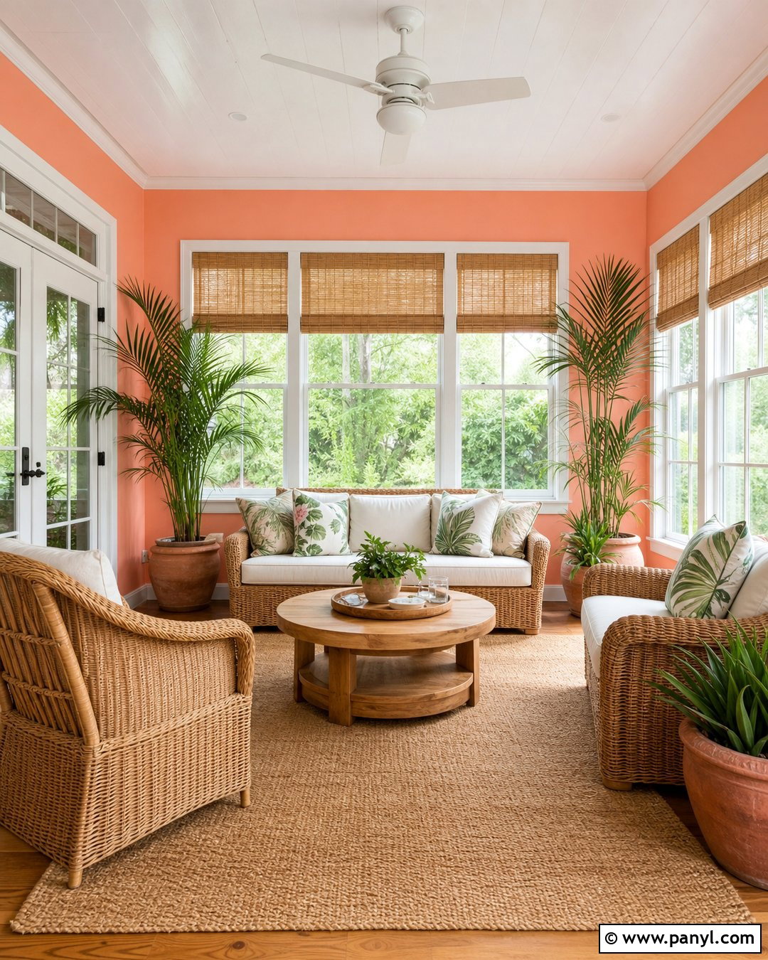 Faint Coral Sunroom With Rattan Furniture - 20 Sherwin Williams Faint Coral Walls