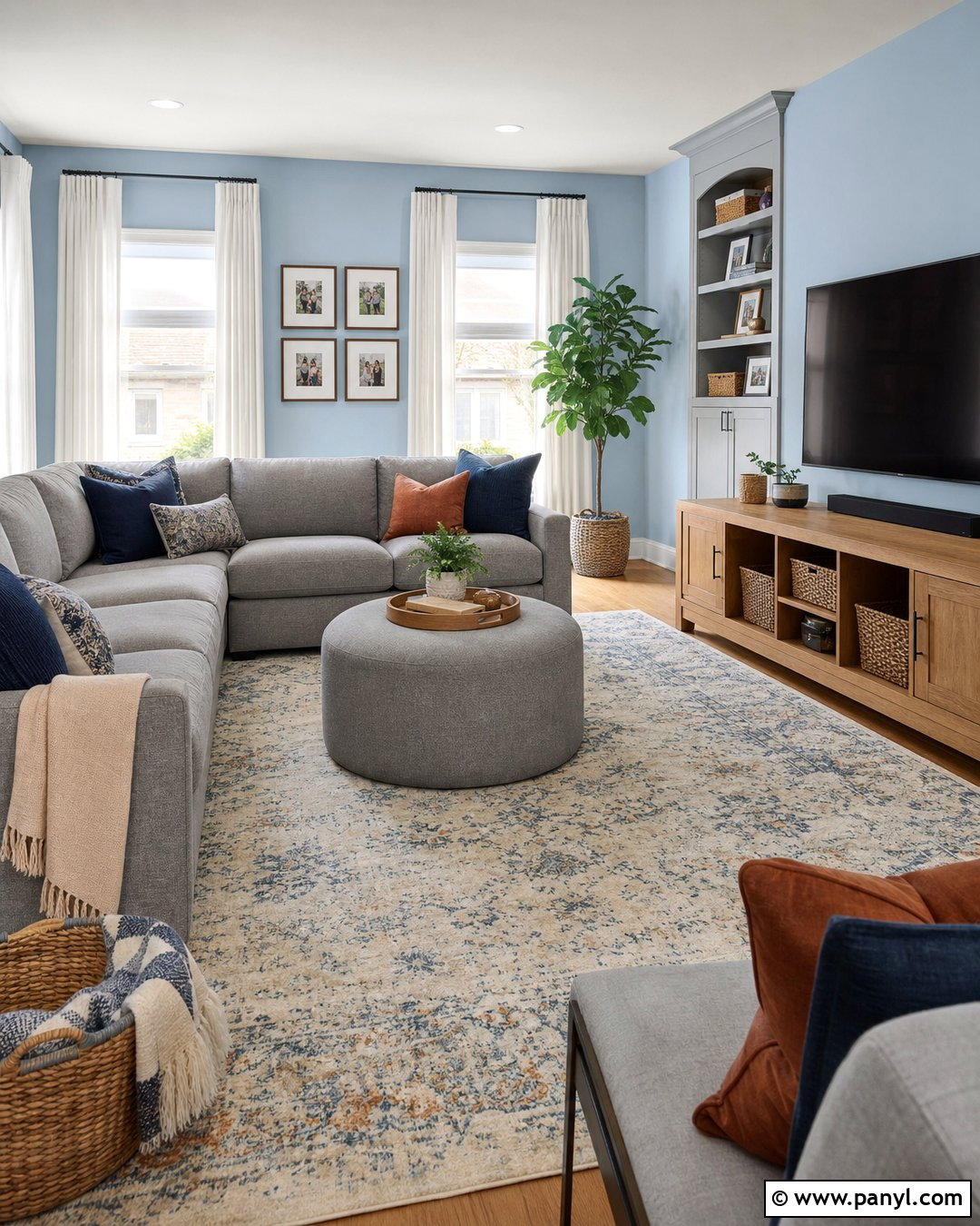 Family Room With Light Blue Walls And Grey Sectional - 20 Light Blue Walls With Grey Furniture Ideas