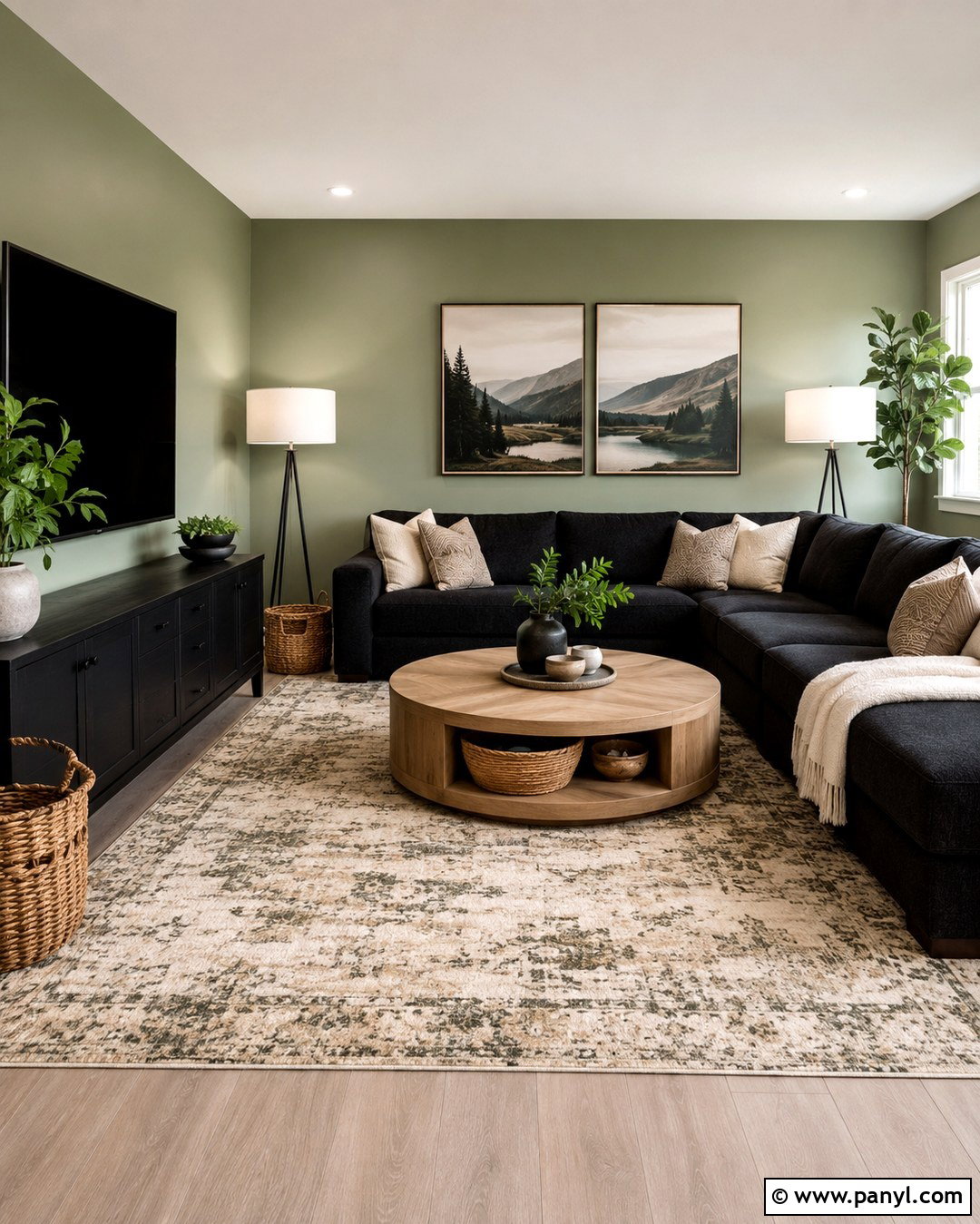 Family Room With Sage Green Walls And Black Sectional - 20 Sage Green Walls With Black Furniture Ideas