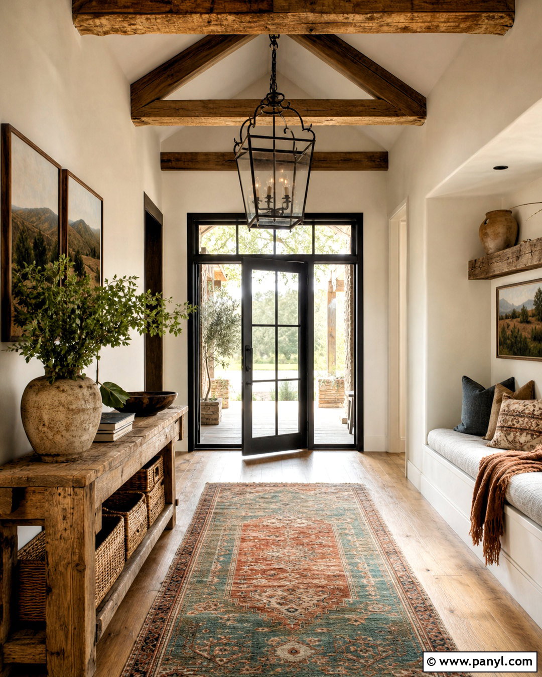 Farmhouse Entryway With Wood Beams - 20 tall entryway ideas high ceilings