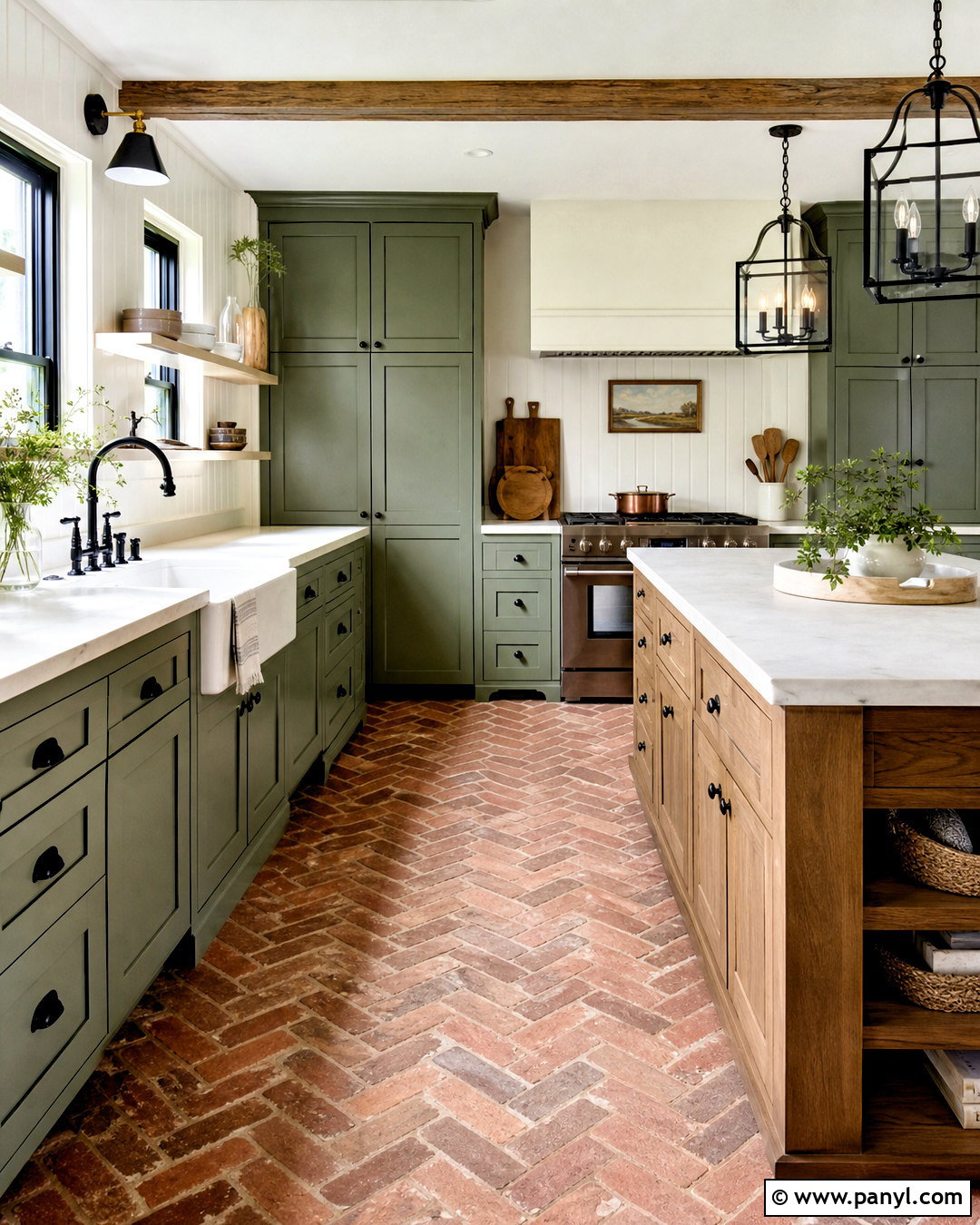 Farmhouse Green Kitchen With Brick Terracotta Floors - 20 green and terracotta kitchen ideas