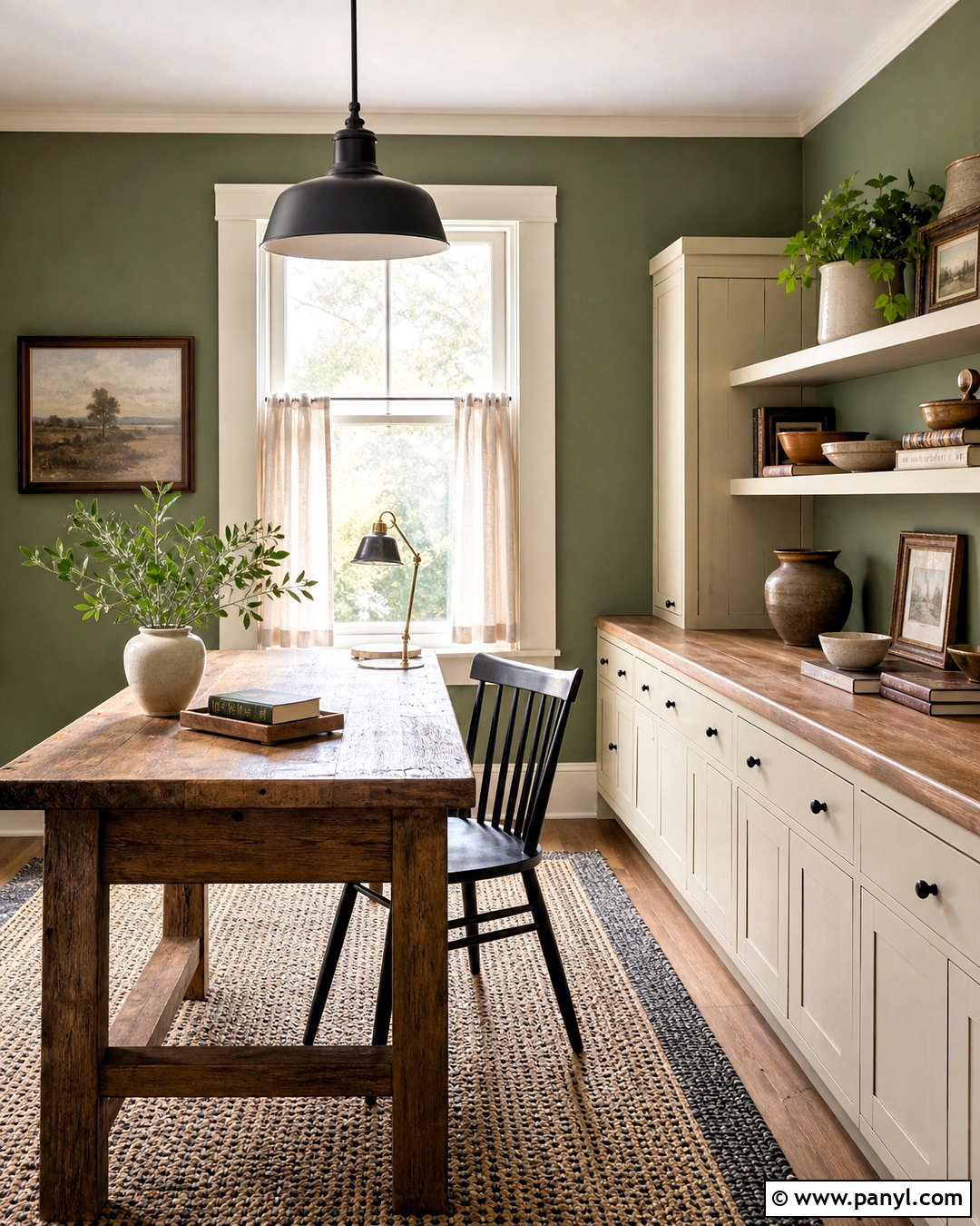 Farmhouse Green Office With A Wood Desk - 20 green wall office ideas