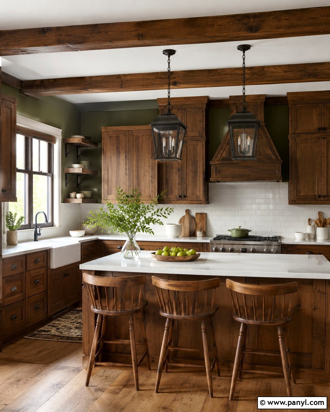Farmhouse Green Walls With Brown Cabinets - 20 Green Wall Brown Cabinet Kitchen Ideas