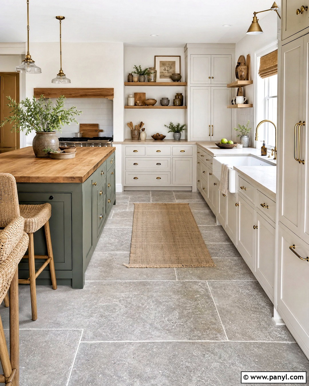 Farmhouse Kitchen With Grey Stone Floors - 20 white walls grey floor ideas