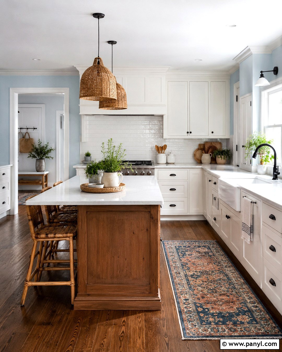 Farmhouse Light Blue Kitchen With Dark Wood Floors - 20 Light Blue Walls Dark Wood Floor Ideas