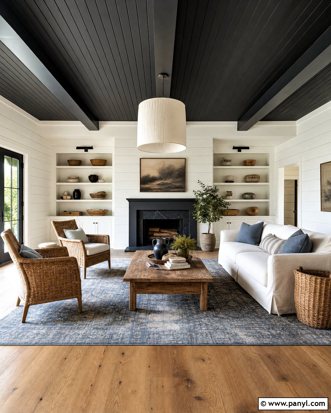 Farmhouse Living Room With Black Ceiling And White Walls - 20 black ceiling white walls