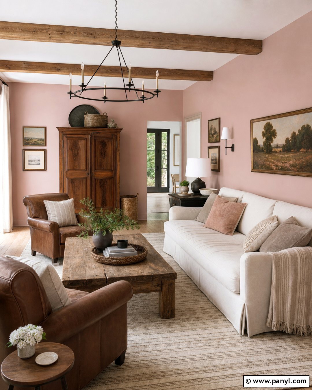 Farmhouse Living Room With Blush Pink Walls - 35 Blush Pink Walls