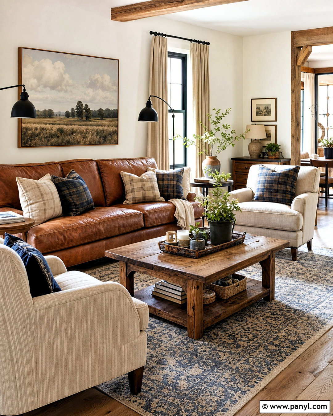 Farmhouse Living Room With Brown Leather Sofa - 20 farmhouse living room ideas