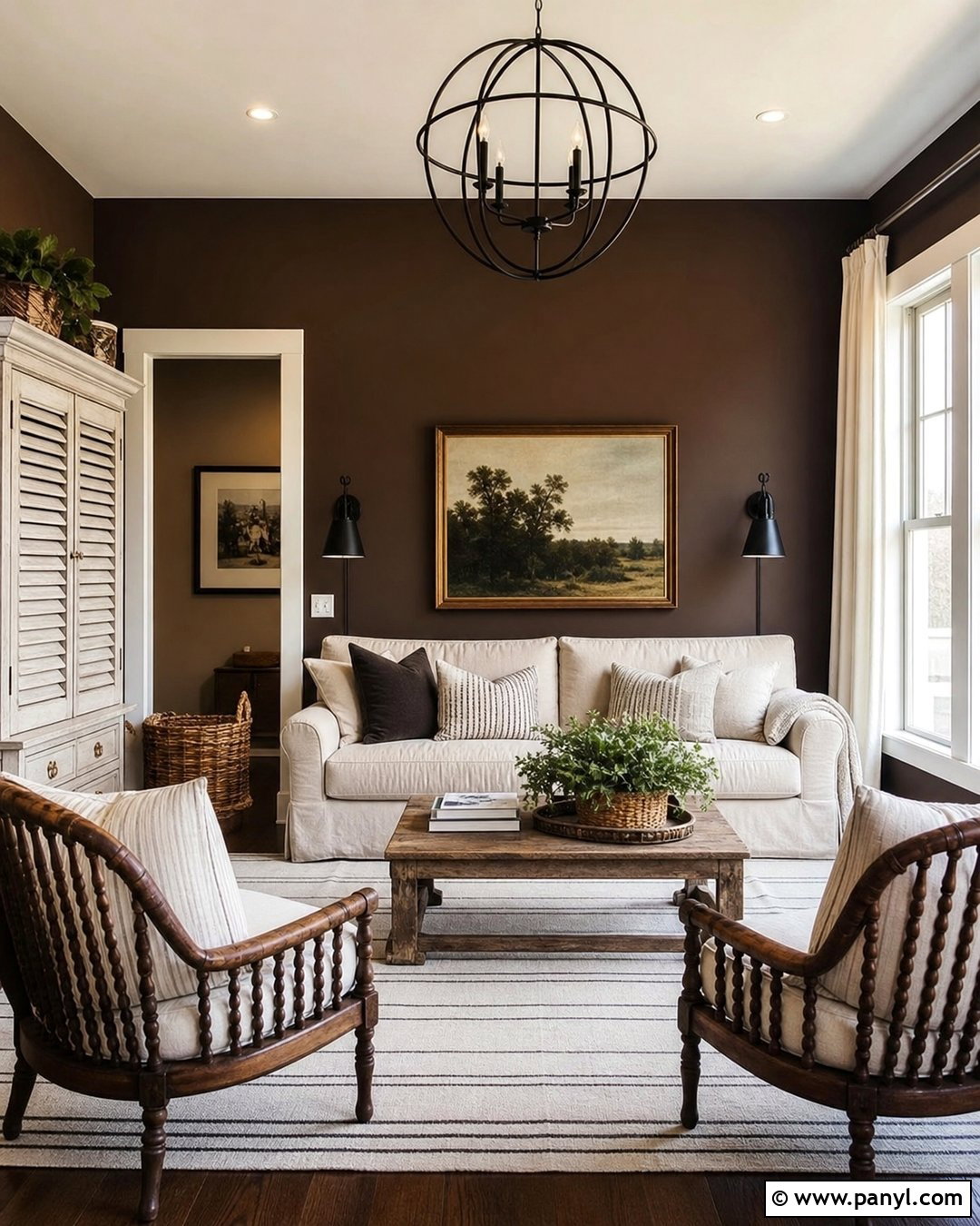 Farmhouse Living Room With Dark Brown Walls - 35 Dark Brown Walls Living Room Ideas