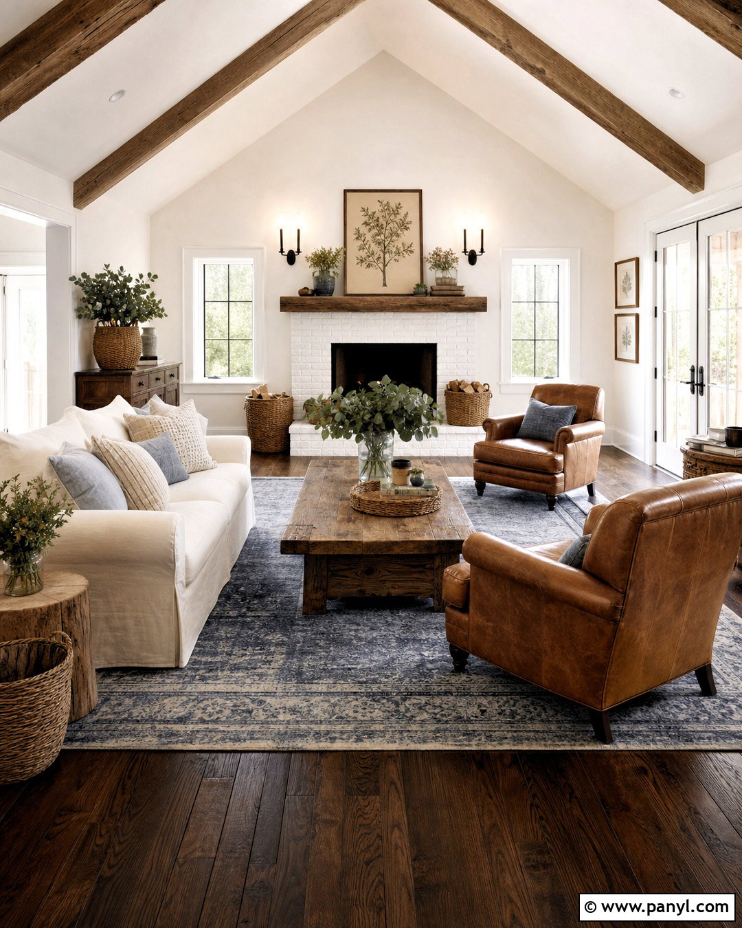 Farmhouse Living Room With Dark Wood Floors - 20 dark wood floors white walls