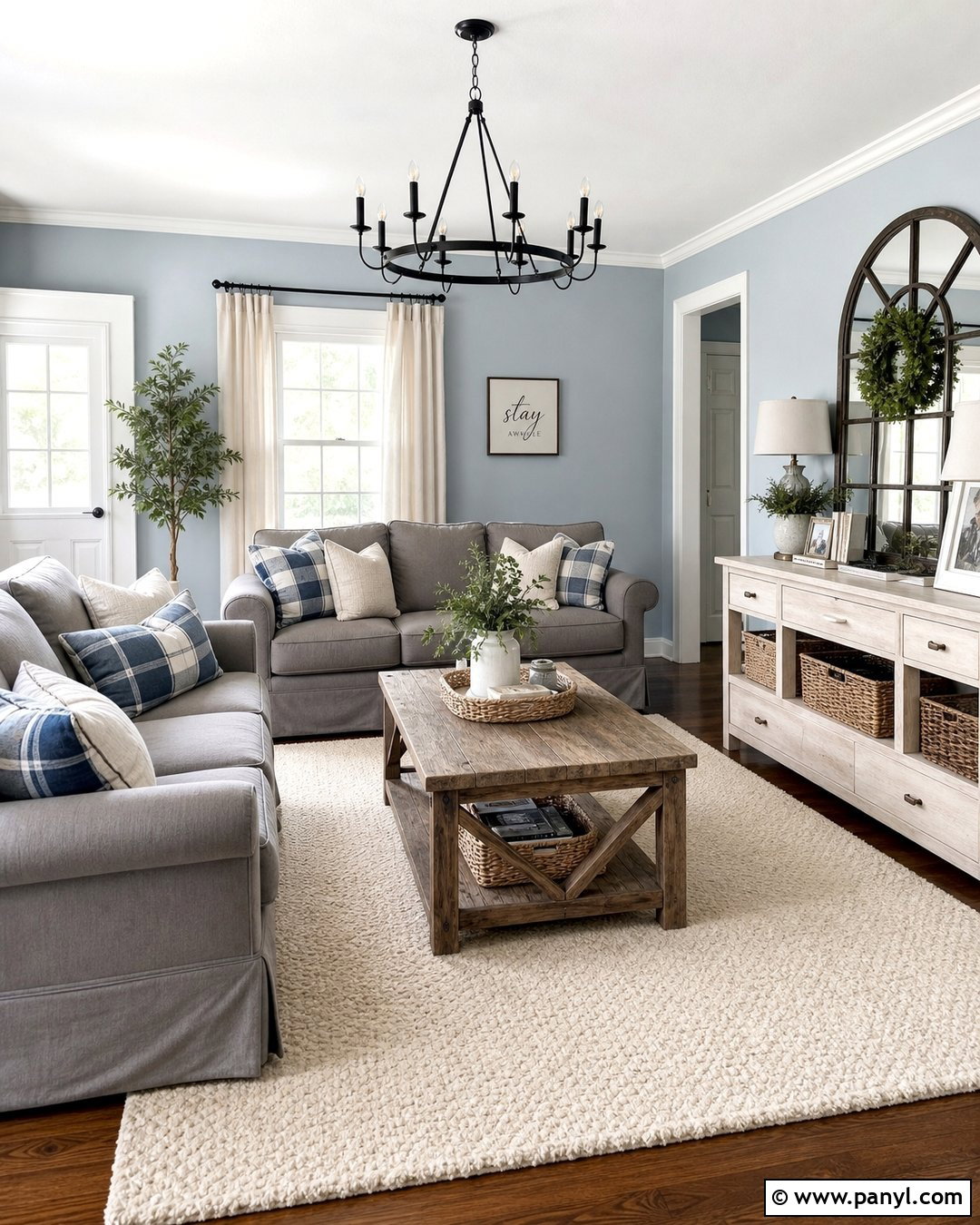Farmhouse Living Room With Light Blue Walls And Grey Sofas - 20 Light Blue Walls With Grey Furniture Ideas