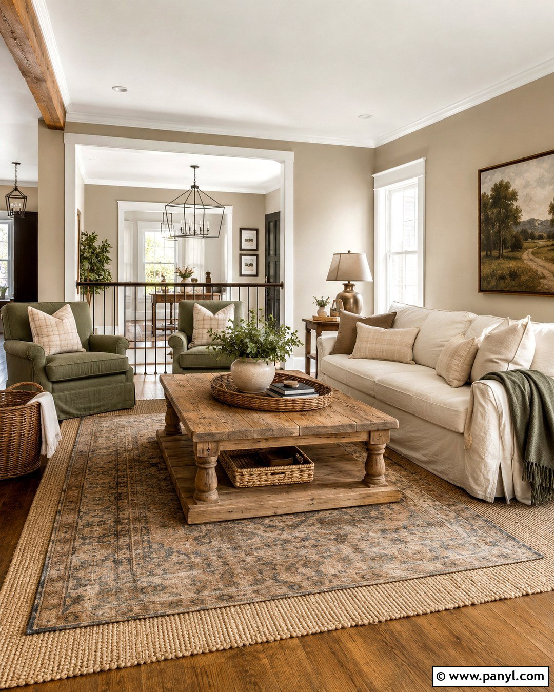 Farmhouse Living Room With Light Brown Walls And White Trim - 20 Light Brown Walls With White Trim Ideas