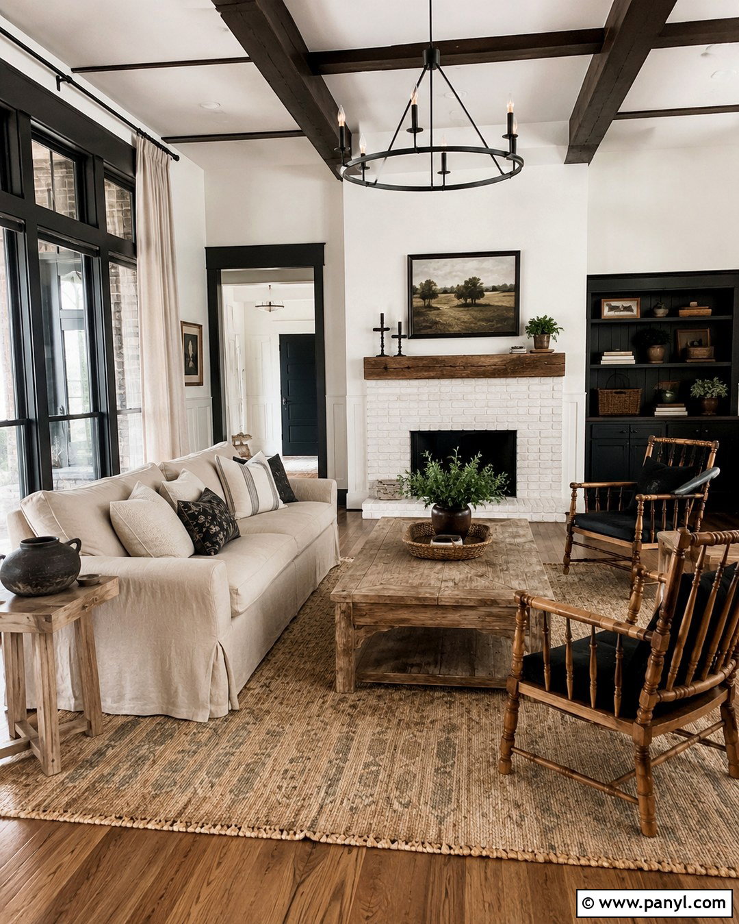 Farmhouse Living Room With White Walls And Black Trim - 20 White Wall And Black Trim Ideas