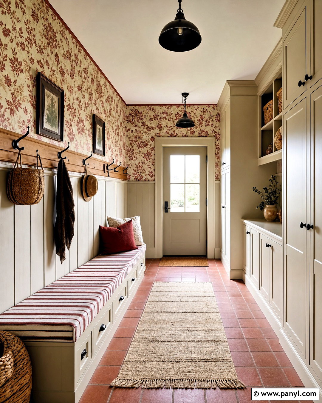 Farmhouse Red Floral Wallpaper Mudroom - 20 antique red floral wallpaper ideas