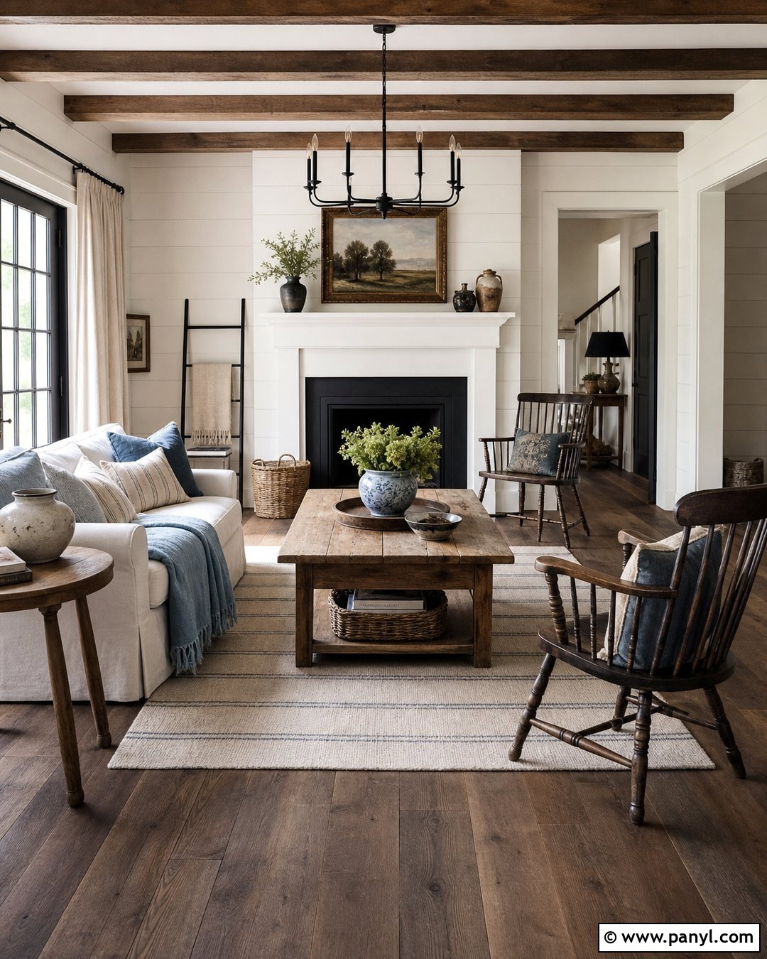 Farmhouse Room With White Walls And Dark Wood Floors - 20 White Walls Dark Wood Floors