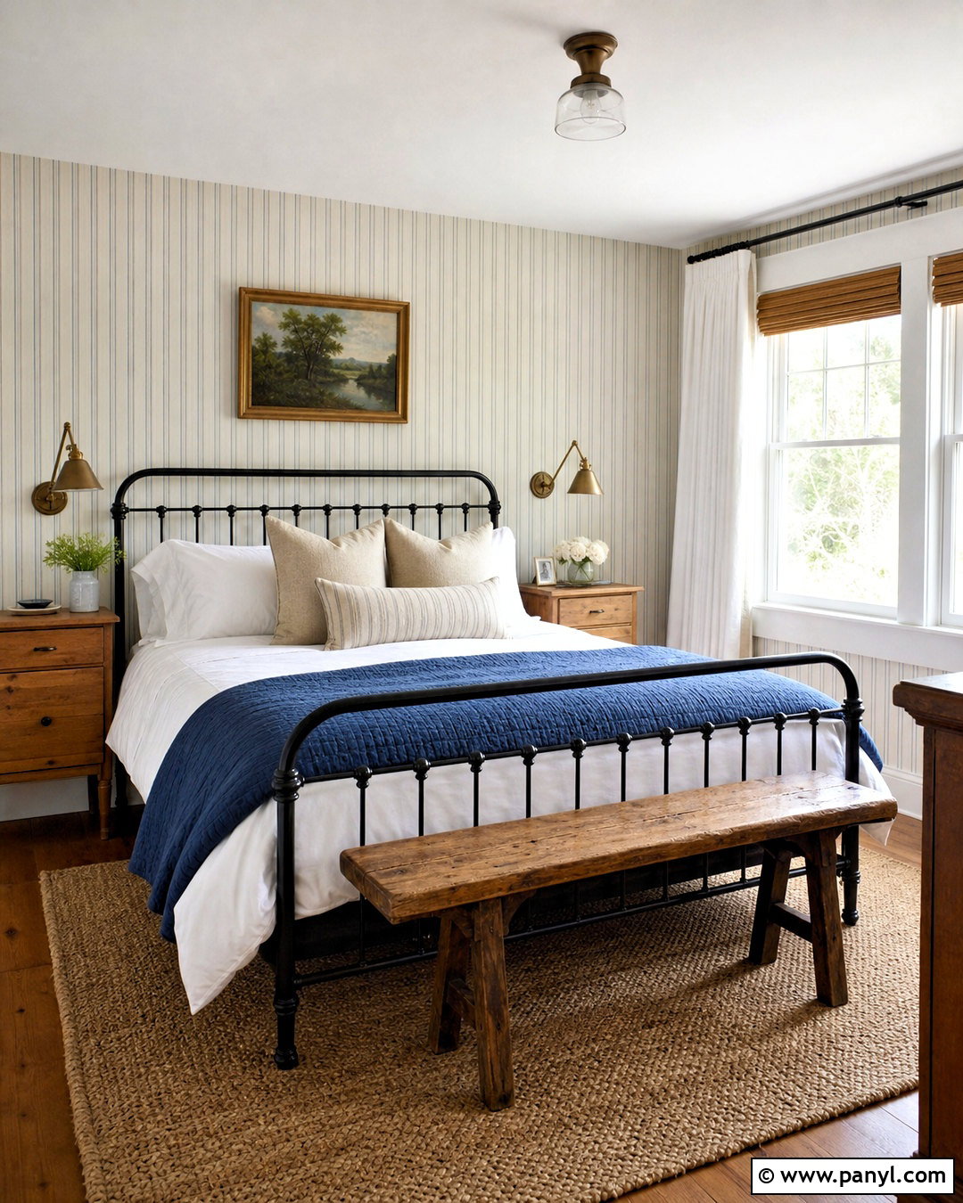 Farmhouse Ticking Stripe Bedroom - 20 striped walls bedroom ideas