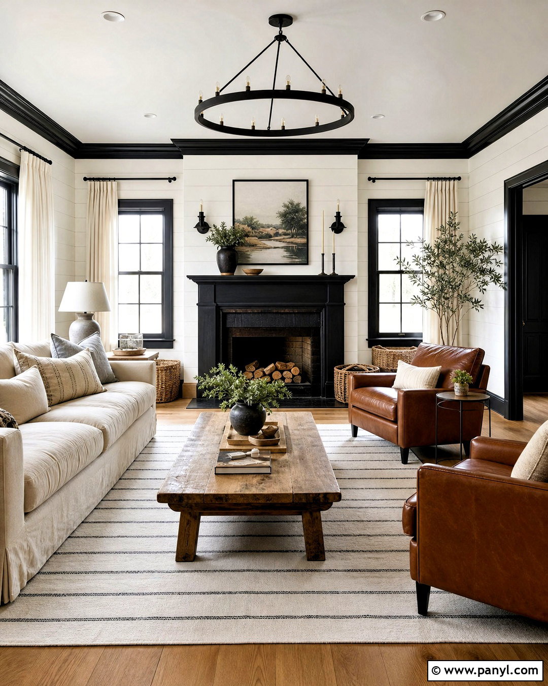 Farmhouse White Living Room With Black Trim - 20 white room black trim ideas