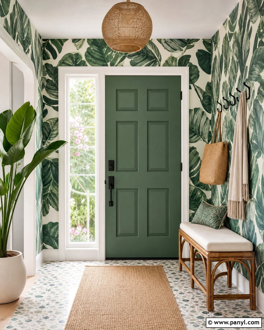 Fern Green Door With Tropical Wallpaper - 20 Green Door With Patterned Wall Ideas