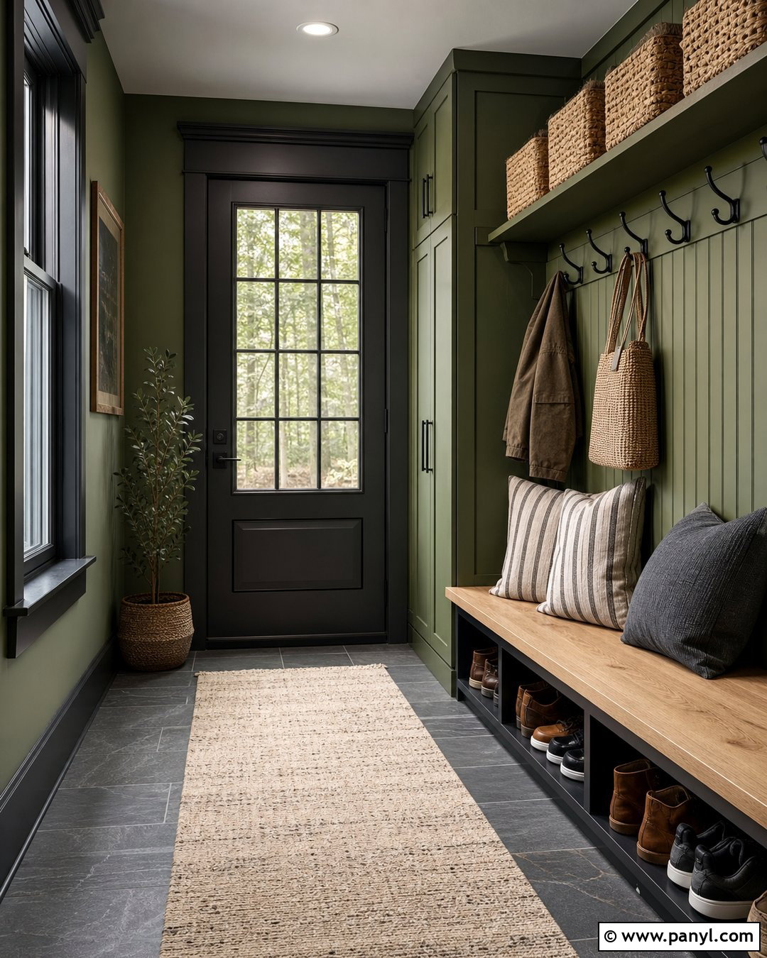 Fern Green Mudroom With Black Trim - 25 Green Walls With Black Trim Ideas