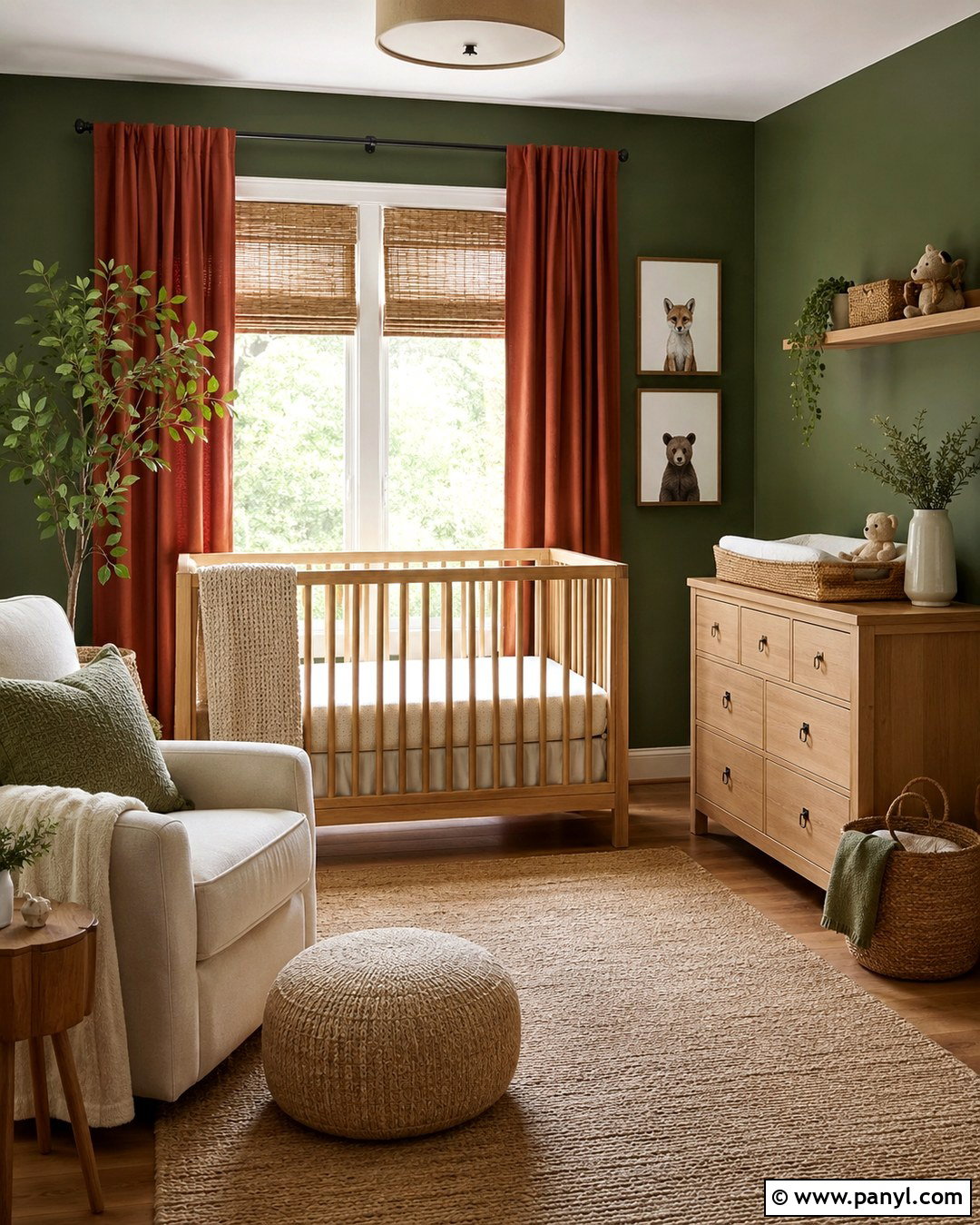 Fern Green Nursery With Muted Red Curtains - 20 Green Walls Red Curtains