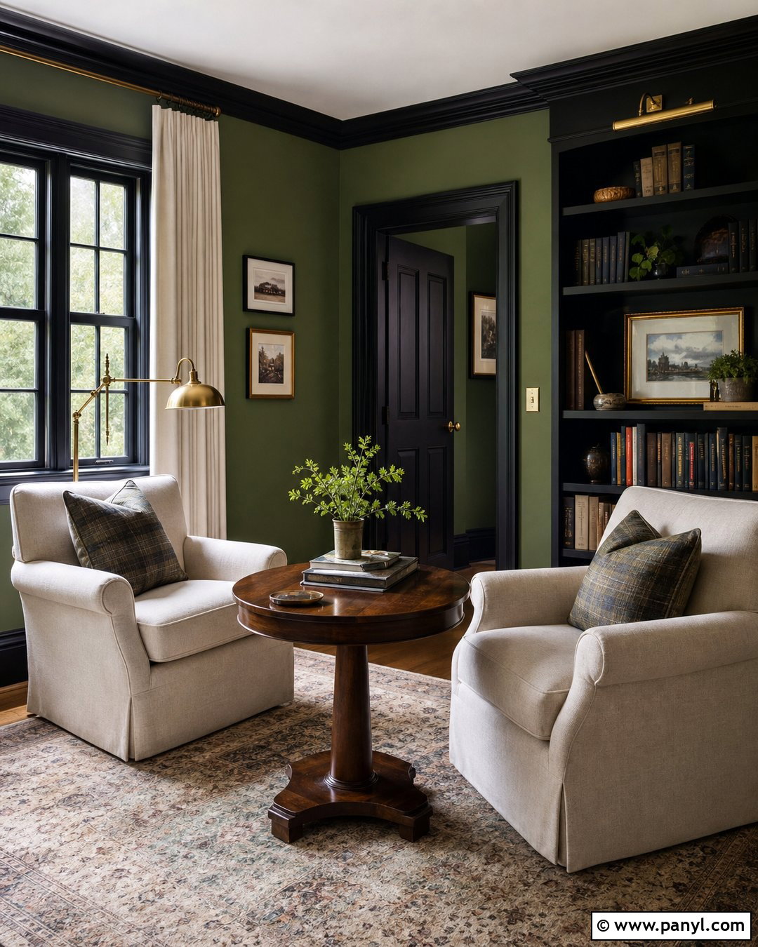 Fern Green Reading Room With Black Trim - 25 Green Wall Black Trim Ideas