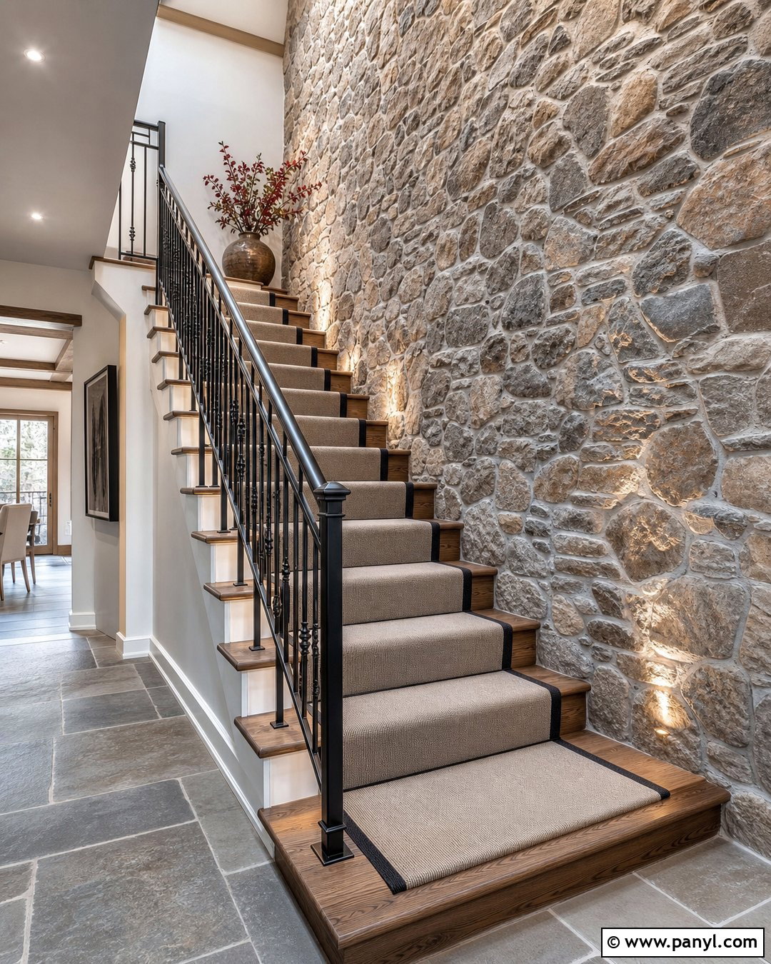 Fieldstone Staircase Rustic Accent Wall - 30 Rustic Accent Wall Ideas