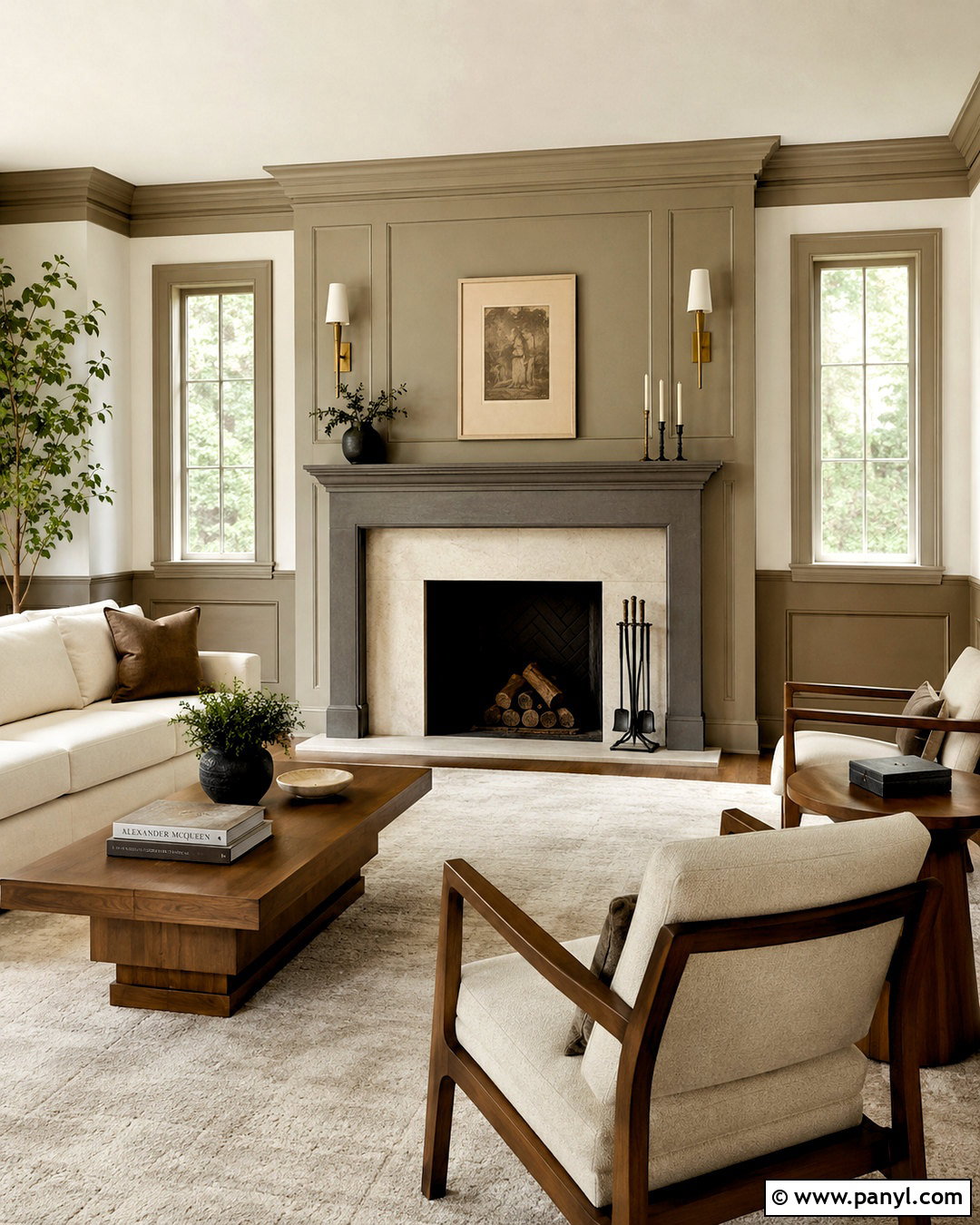 Fireplace Room With Taupe Trim - 35 Taupe Trim White Walls