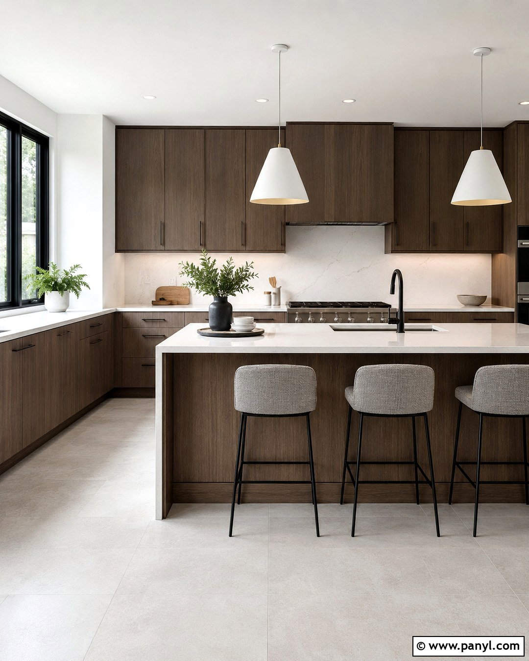 Flat Panel Brown Cabinets With Black Accents - 20 White Walls Brown Cabinets