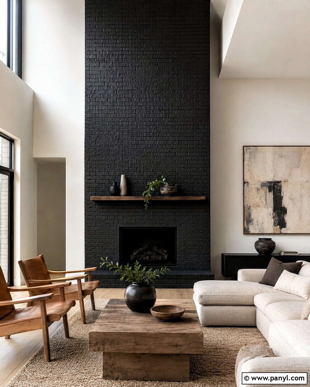 Floor-To-Ceiling Black Brick Fireplace - 20 black painted brick fireplace ideas