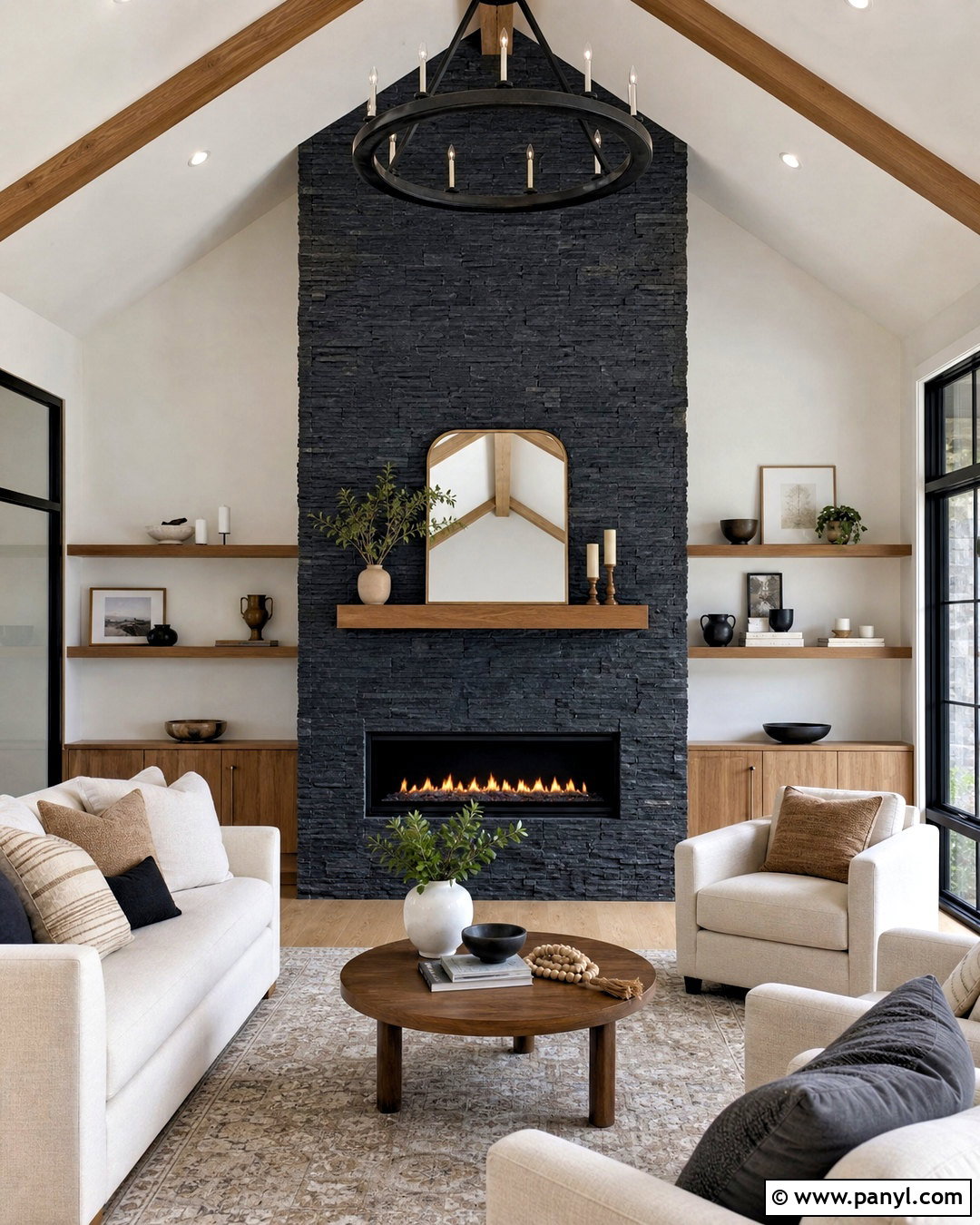 Floor-To-Ceiling Black Stone Fireplace - 20 black stone fireplace ideas