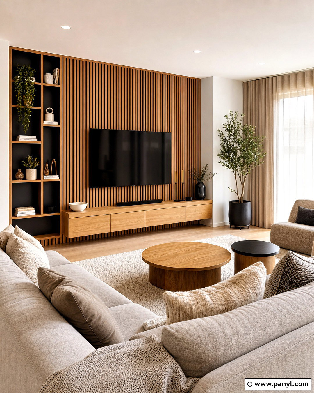 Floor-To-Ceiling Oak Slat TV Wall - 20 slat wall behind tv ideas