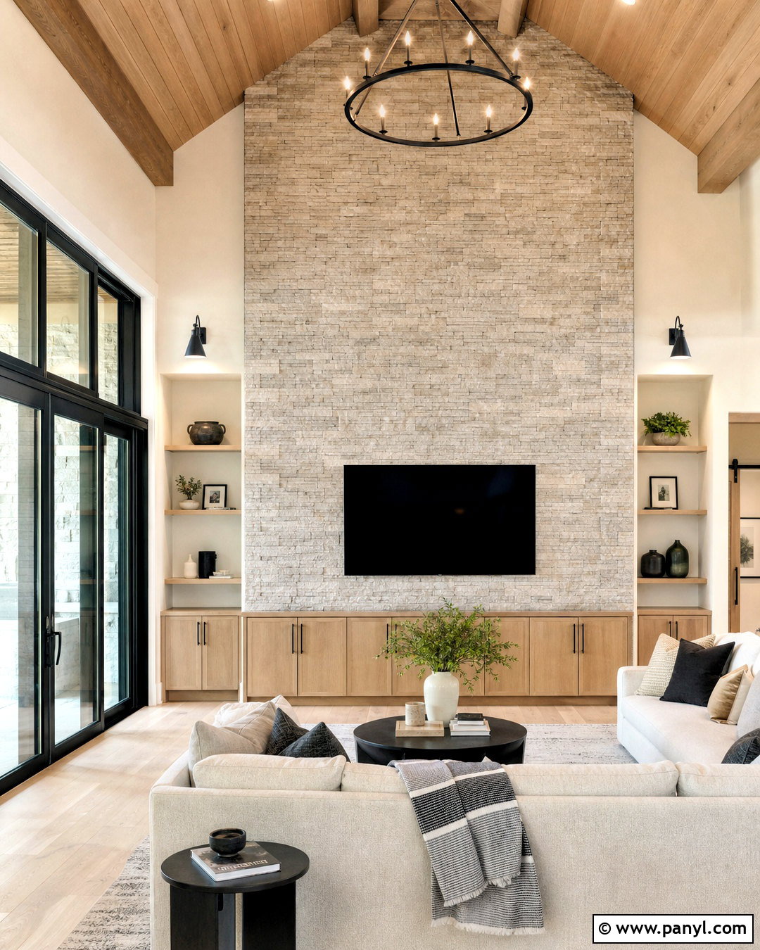 Floor-To-Ceiling Stone TV Wall - 20 high ceiling tv wall ideas