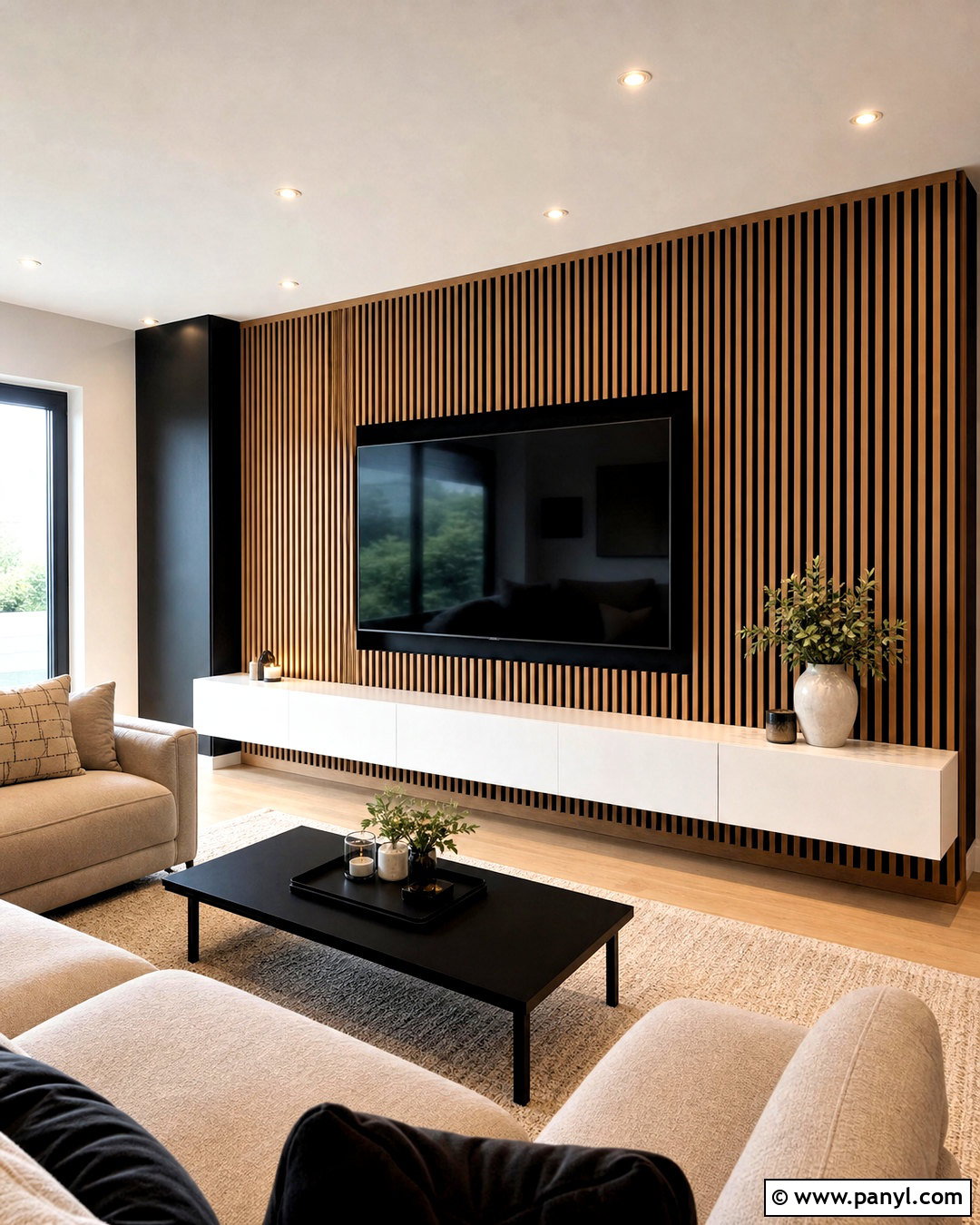 Floor-To-Ceiling Wood Slat TV Wall - 20 wood behind tv on wall ideas