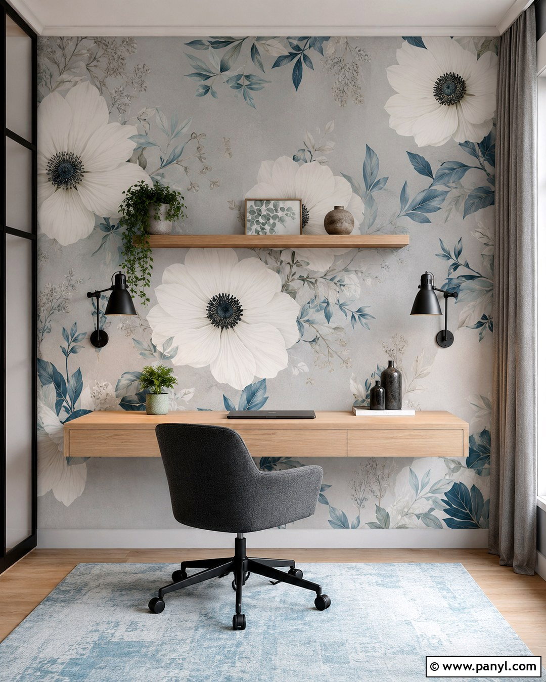 Floral Accent Wall With Floating Desk - 20 Floral Accent Wall Office Ideas