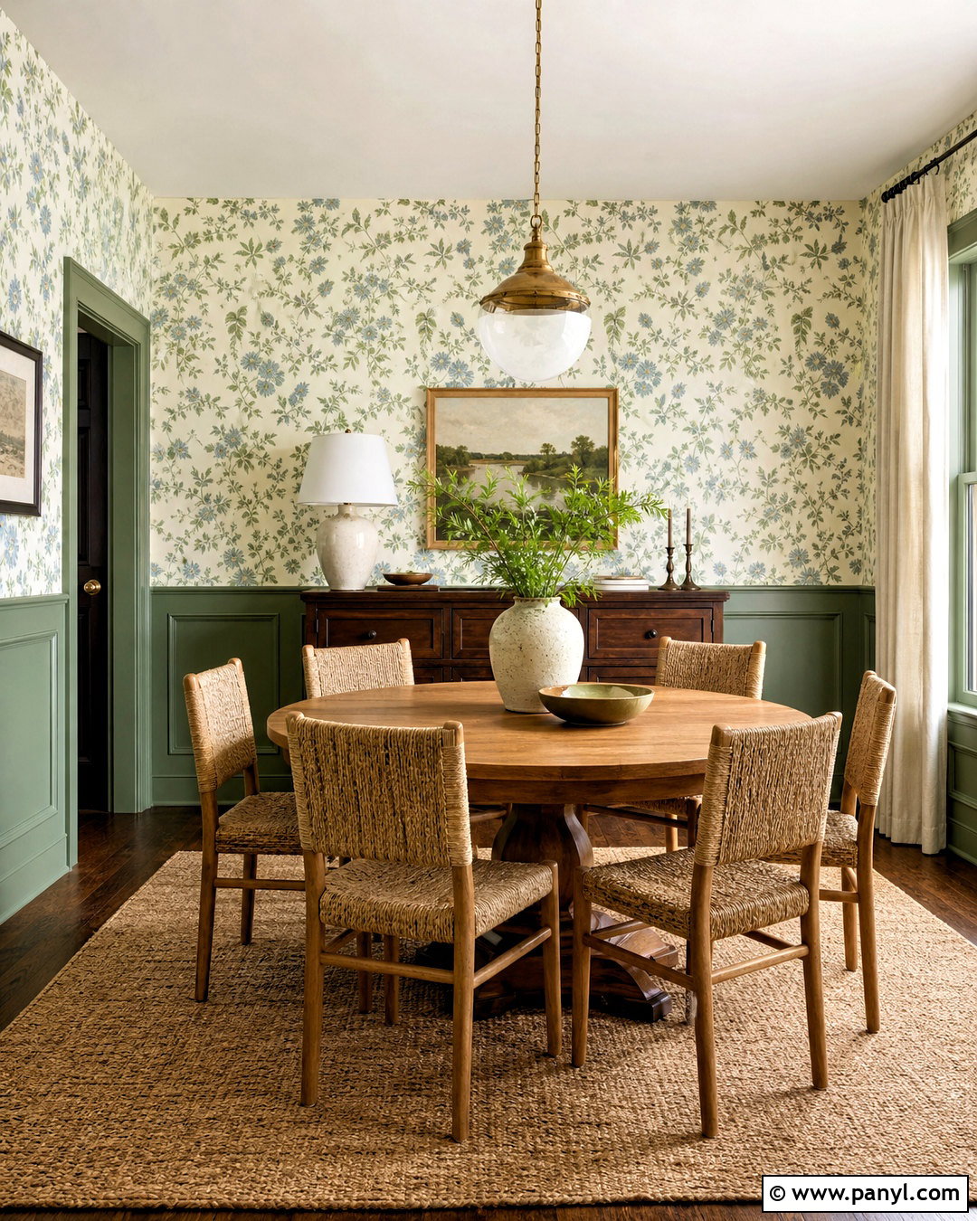 Floral Wallpaper With Green Paneling - 20 wallpaper combo ideas