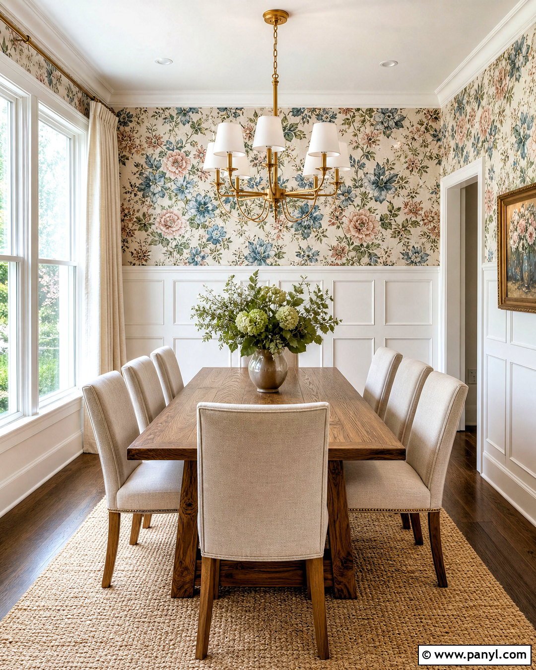 Floral Wallpaper With White Wainscoting - 20 half wallpaper half paneling ideas