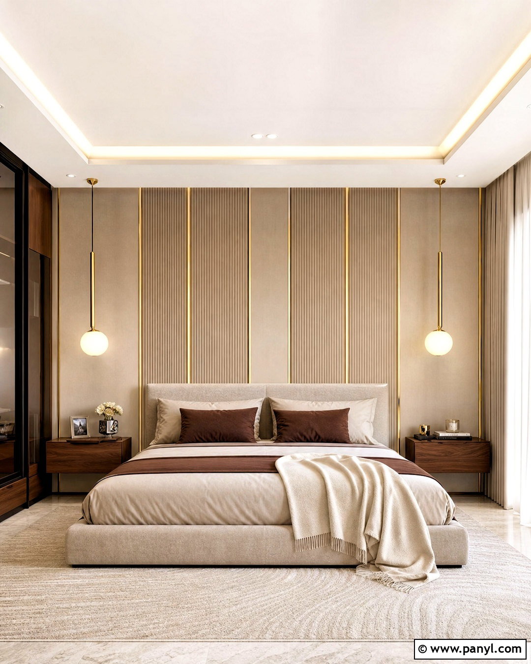 Fluted Beige Wall With Gold Border Strips - 20 golden strips on wall ideas