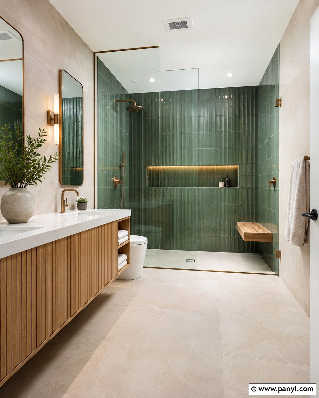 Fluted Green Tile Shower Wall - 20 Green Accent Wall Shower Ideas