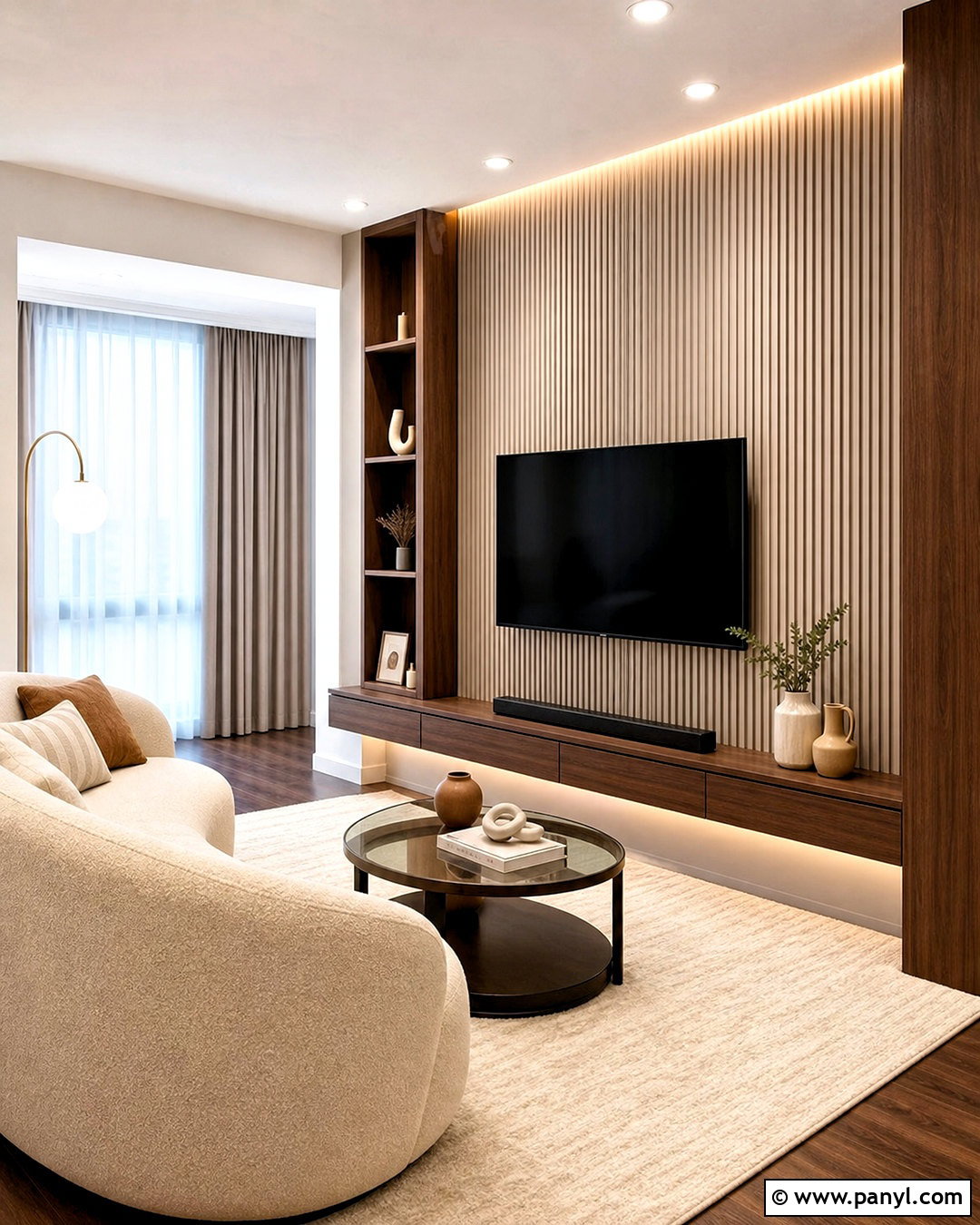 Fluted Panel TV Wall With Soft Neutrals - 20 small living room tv wall ideas
