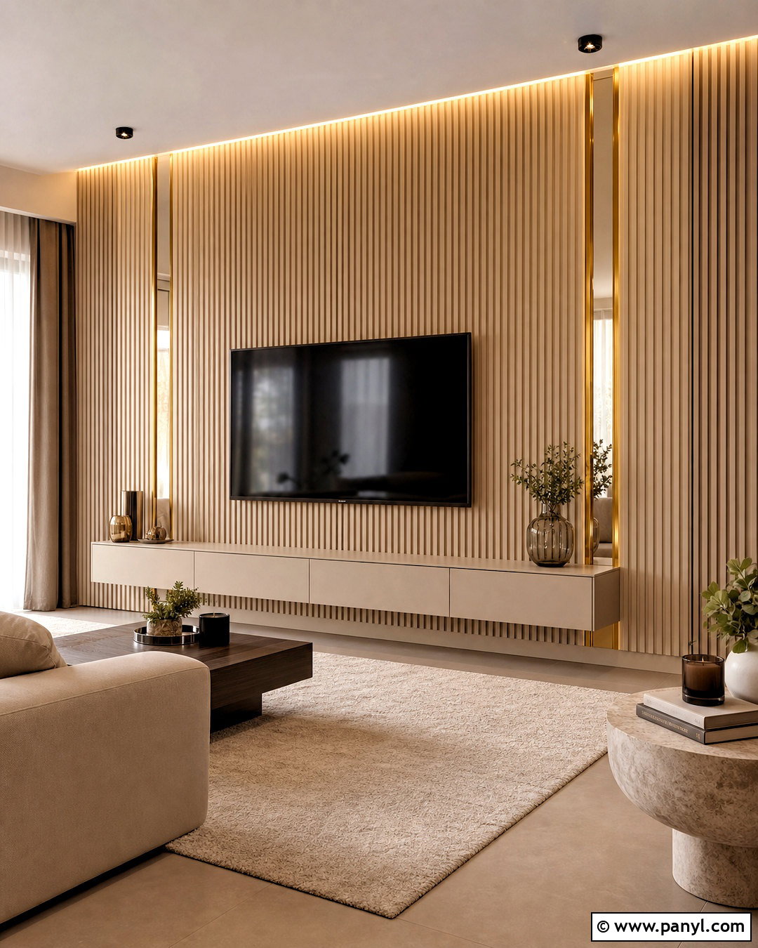 Fluted Wall Panels With Golden Strips - 20 golden strip wall design ideas