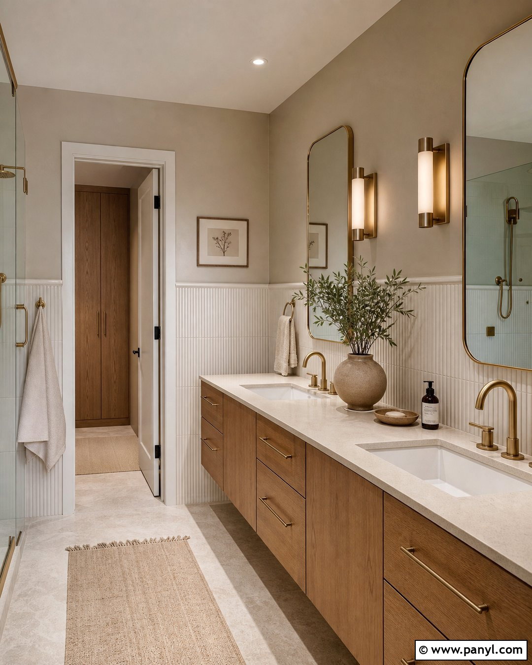 Fluted White Tile And Greige Bathroom Walls - 30 Two Toned Bathroom Walls