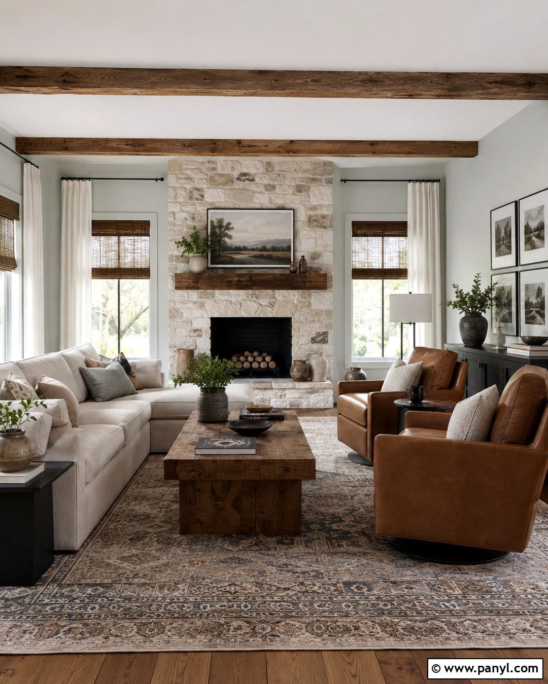 Fog Mist Family Room With Stone Fireplace - 20 Benjamin Moore Fog Mist Walls