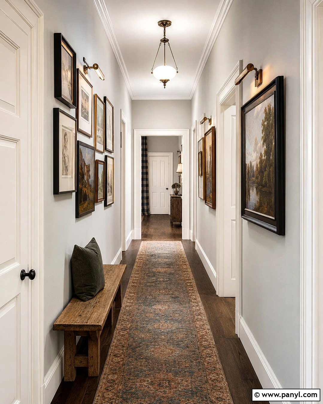 Fog Mist Hallway With Gallery Walls - 20 Benjamin Moore Fog Mist Walls