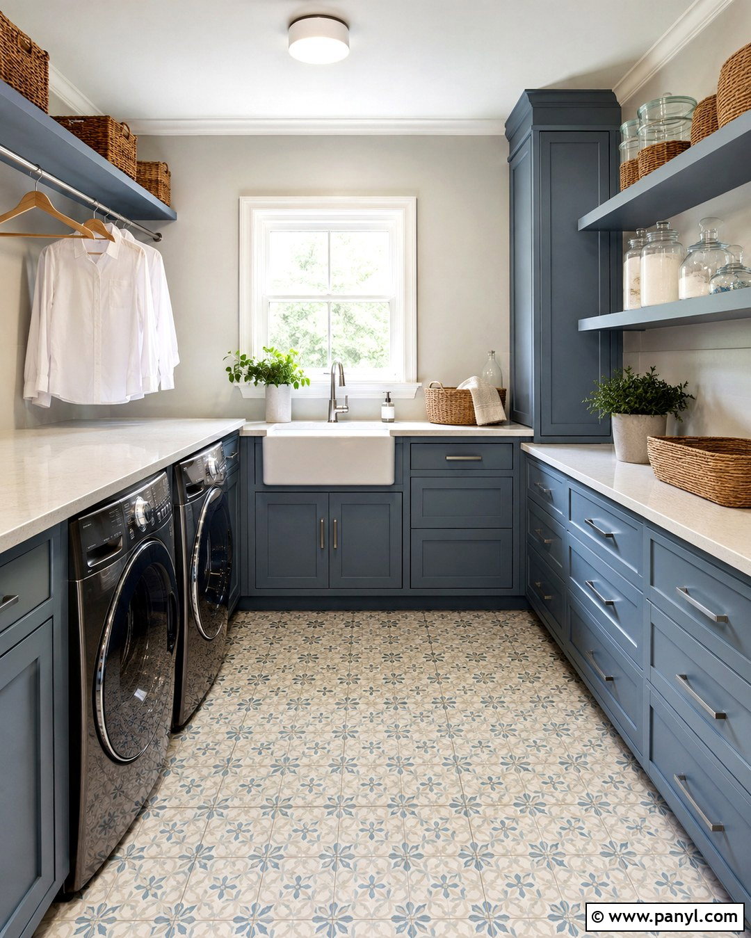 Fog Mist Laundry Room With Blue Cabinets - 20 Benjamin Moore Fog Mist Walls
